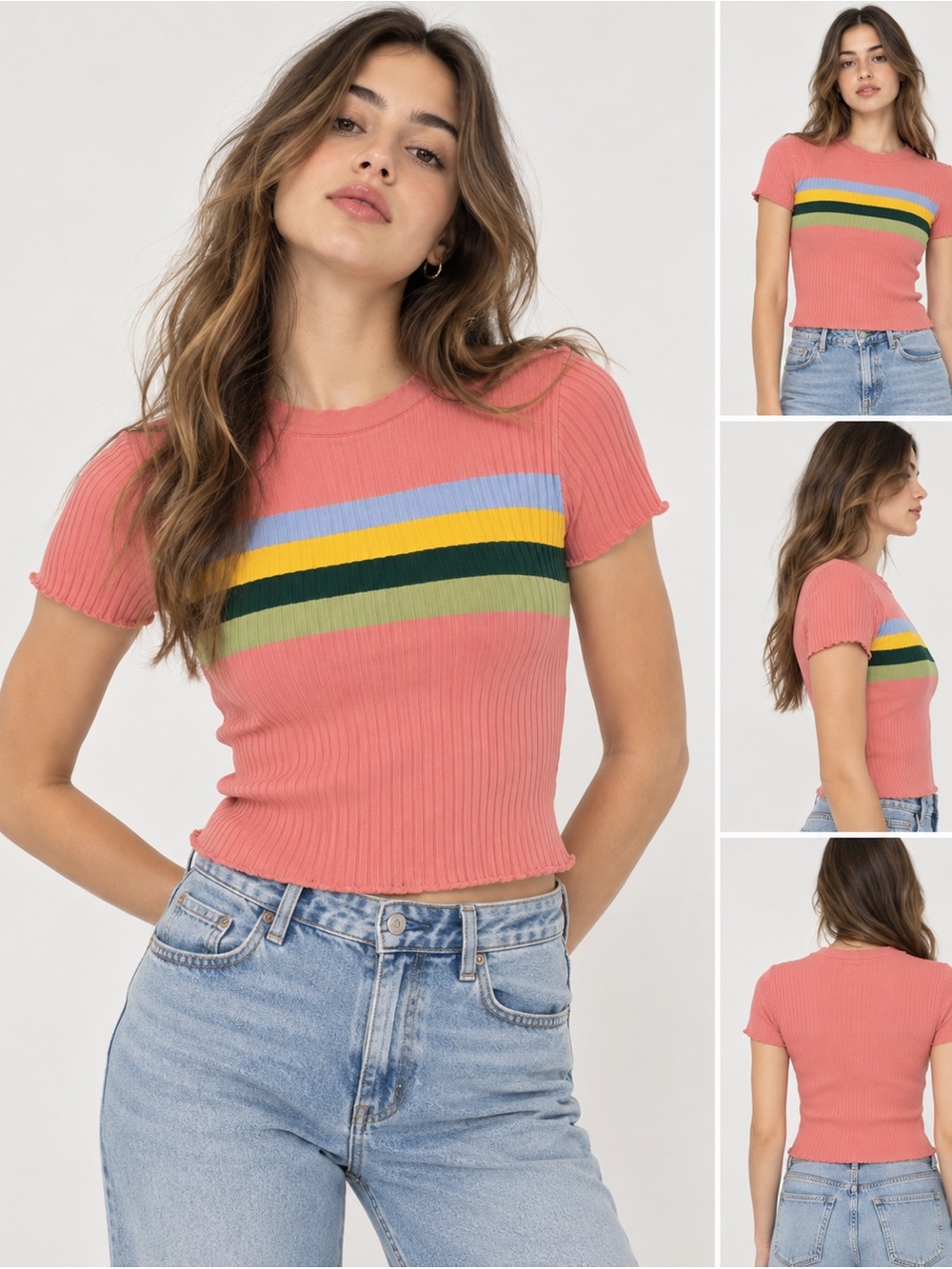 ONLY Women’s Pink Multicolor Striped Ribbed Knit Top – Size XS